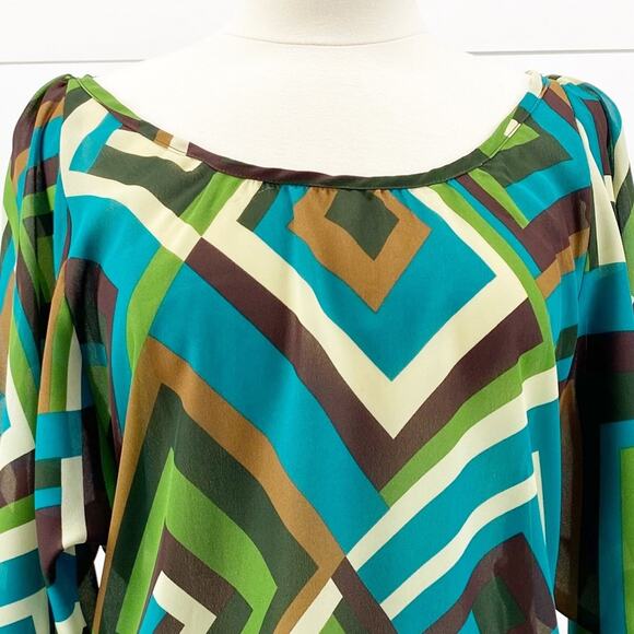 NEW Fashionista Womens Mod Geometric Scoop Neck Tunic Top Blue Green M - Picture 4 of 12
